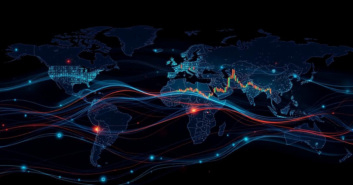 Global trading platform network map with candlestick charts — trading platform guide